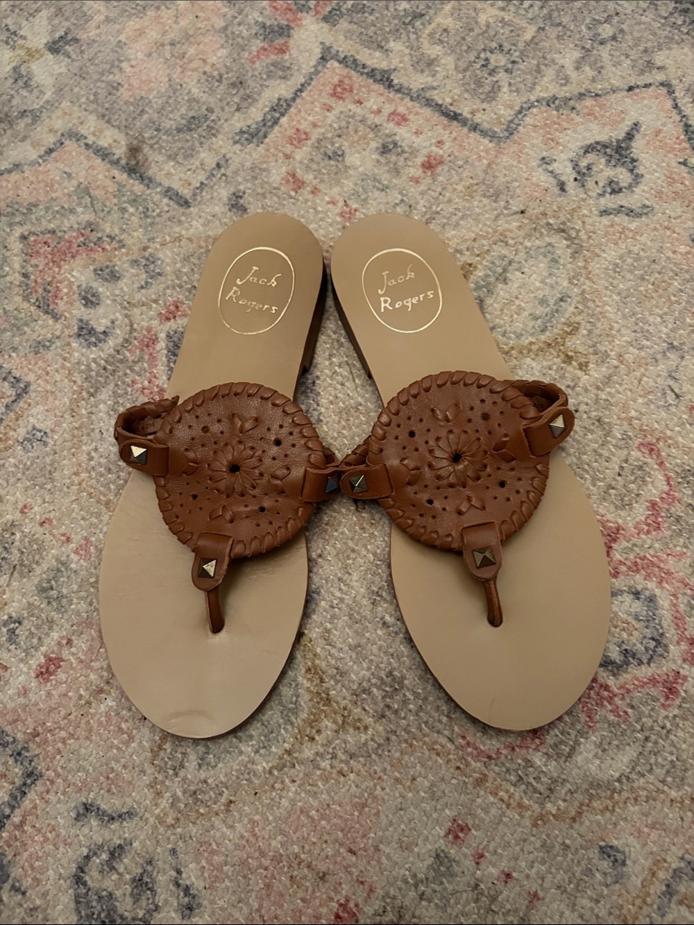 Jack Rogers Brown Leather Woven Thong Sandals